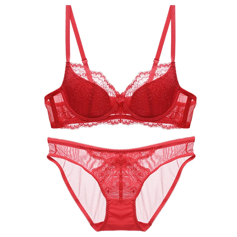 Red Women's Bra And Panties Set Plus Size D E Cup Thin Cotton Push Up Brassiere Floral Lace Women Underwear Female Sexy Lingerie