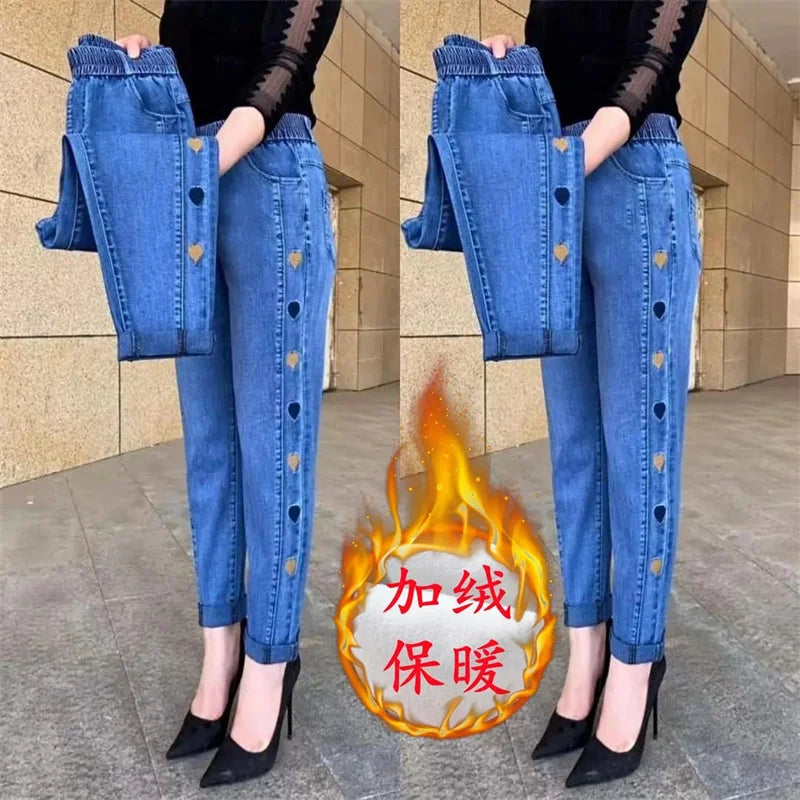Middle-aged Women's Jeans Autumn Winter Stretch Waist Embroidery Denim Pants Large size Loose Female Straight Casual Pants 5XL