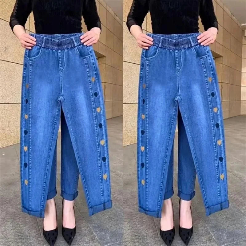 Middle-aged Women's Jeans Autumn Winter Stretch Waist Embroidery Denim Pants Large size Loose Female Straight Casual Pants 5XL
