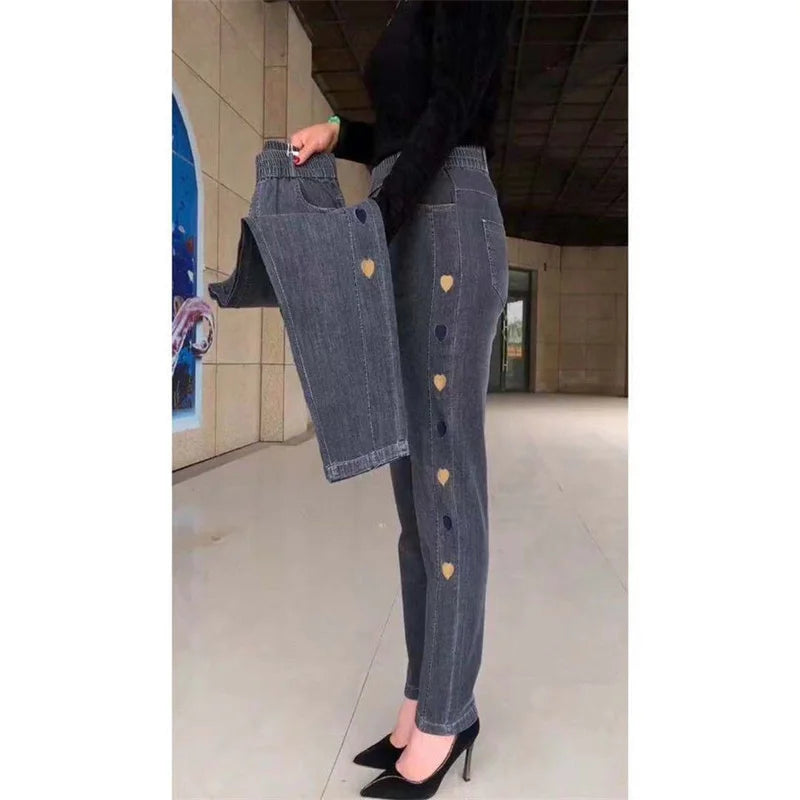 Middle-aged Women's Jeans Autumn Winter Stretch Waist Embroidery Denim Pants Large size Loose Female Straight Casual Pants 5XL
