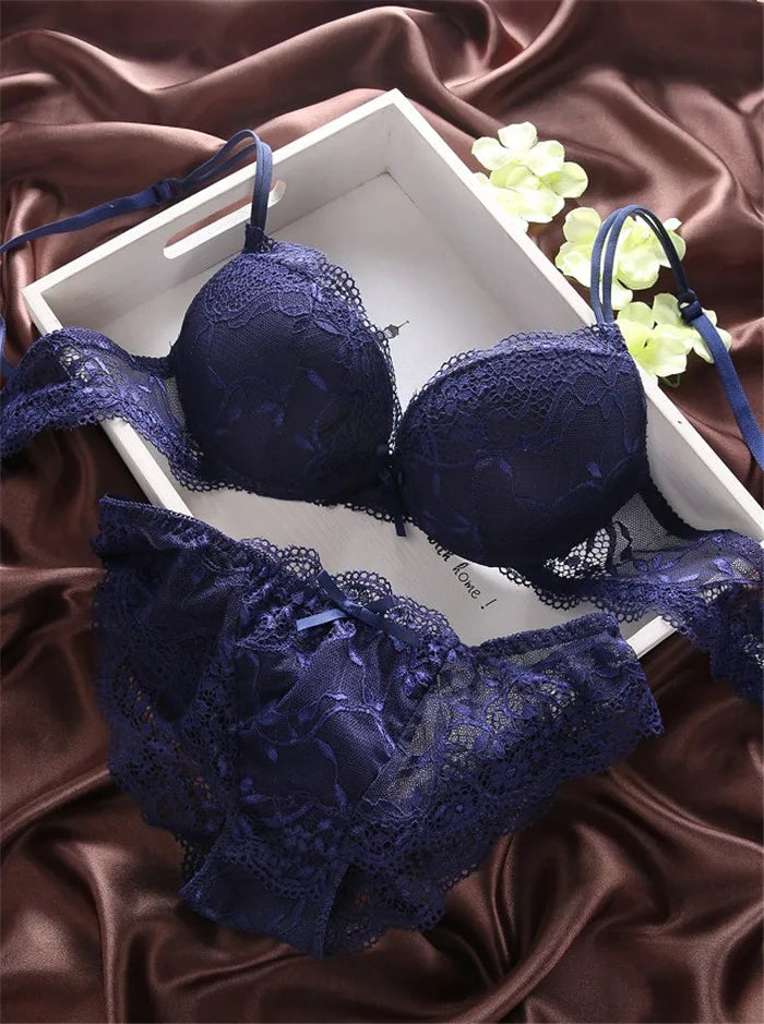 European Style Sexy Bra Set Women Cotton Underwear Sexy Lace Panties Female Push Up Brassiere Fashion Solid Color Lingerie Set