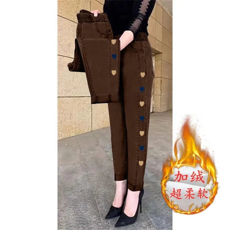 Middle-aged Women's Jeans Autumn Winter Stretch Waist Embroidery Denim Pants Large size Loose Female Straight Casual Pants 5XL