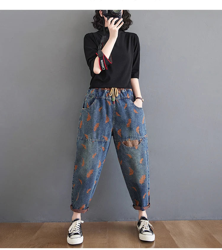 Jeans For Women Spring Street Feather Embroidery Color Contrast Loose Thin Drawstring Pockets Elastic Waist Denim Pants Female