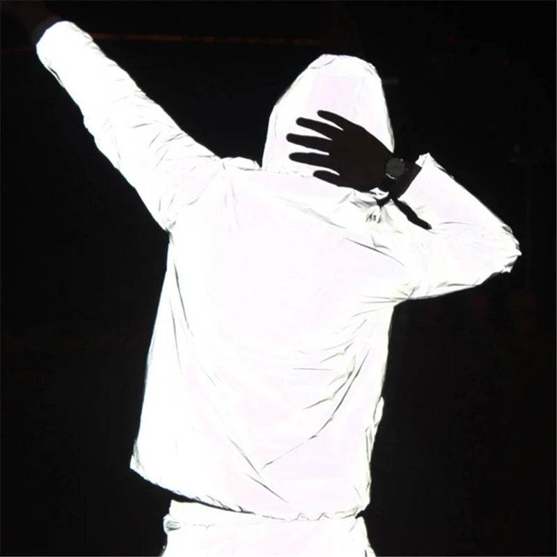 New Streetwear Noctilucent Men Jackets Cycling Clothes reflective Windbreaker women waterproof Jacket hip hop Hooded Coat Unisex