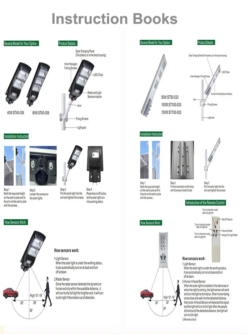Solar Street Lights Outdoor Lights for Garden Waterproof IP65 Road Solar Powered Lantern Wall Lamp 20W 40W 60W High Brightness