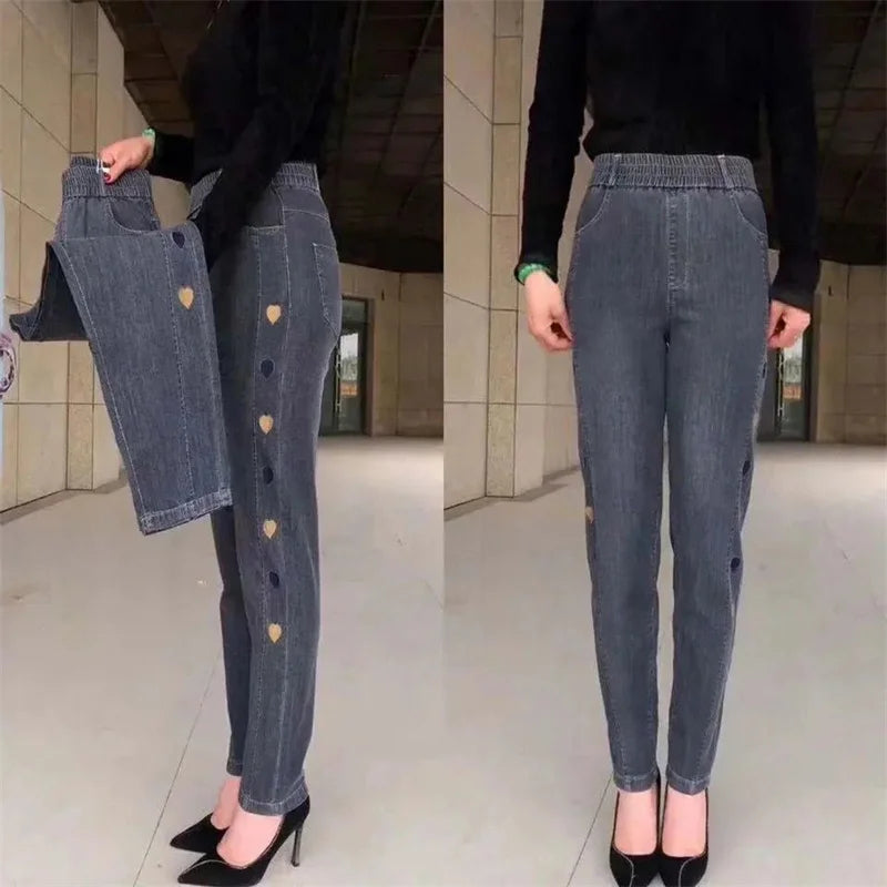 Middle-aged Women's Jeans Autumn Winter Stretch Waist Embroidery Denim Pants Large size Loose Female Straight Casual Pants 5XL
