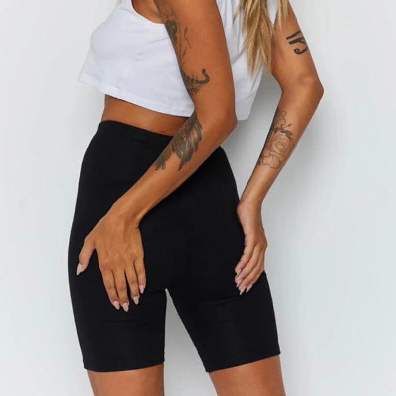 Women Thin Shorts For Summer Fitness High Waist Fashion Cycling Bike Shorts Female Black Slim Knee-Length Bottoms Stretch Shorts