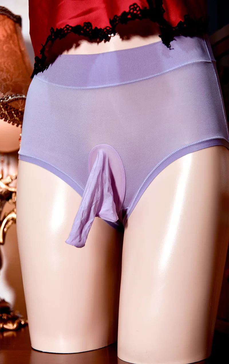 New sexy Men under wear Plus size Briefs Milk Silk Penis Pouch shorts Opened Penis Sleeve High elasticity Shiny gay underwear