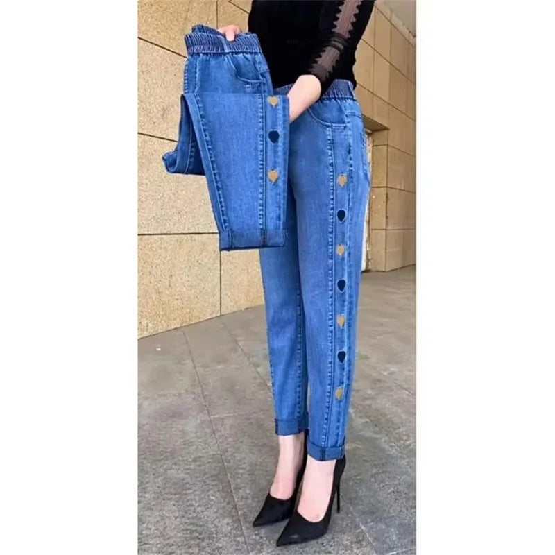 Middle-aged Women's Jeans Autumn Winter Stretch Waist Embroidery Denim Pants Large size Loose Female Straight Casual Pants 5XL