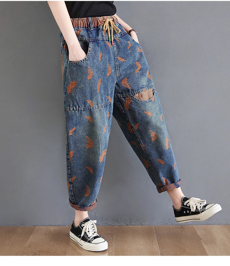 Jeans For Women Spring Street Feather Embroidery Color Contrast Loose Thin Drawstring Pockets Elastic Waist Denim Pants Female
