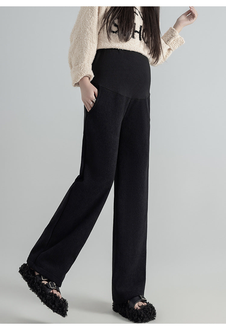 Pregnant Women Pants Autumn Winter Wear Corduroy Wide-leg Pants High-waisted Draped Casual Plus Size Lined Straight-leg Pants