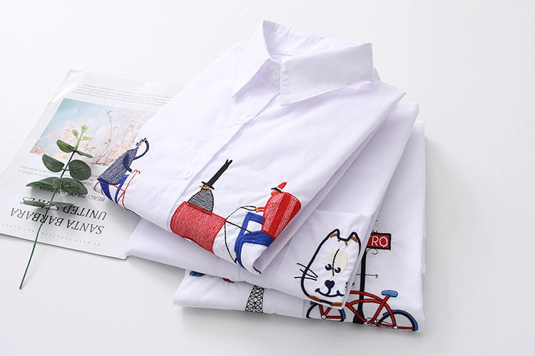 White Women Shirt Long Sleeve Cotton Blouse Office Lady Elegant Embroidery Casual Tops Turn Down Collar Clothing