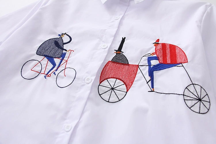 White Women Shirt Long Sleeve Cotton Blouse Office Lady Elegant Embroidery Casual Tops Turn Down Collar Clothing