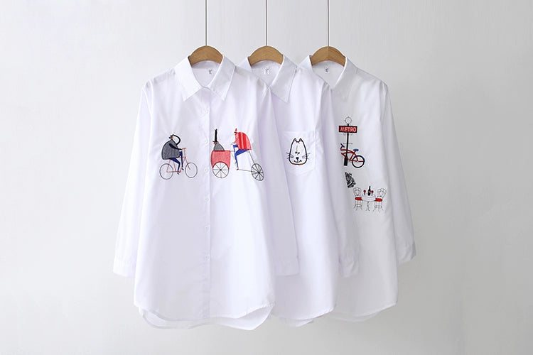 White Women Shirt Long Sleeve Cotton Blouse Office Lady Elegant Embroidery Casual Tops Turn Down Collar Clothing