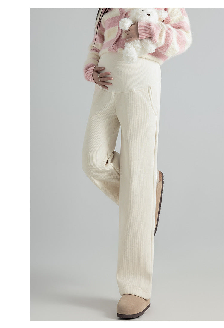 Pregnant Women Pants Autumn Winter Wear Corduroy Wide-leg Pants High-waisted Draped Casual Plus Size Lined Straight-leg Pants