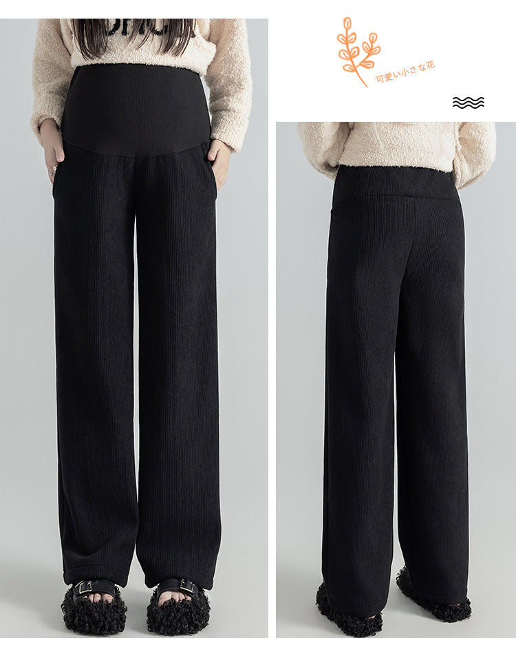 Pregnant Women Pants Autumn Winter Wear Corduroy Wide-leg Pants High-waisted Draped Casual Plus Size Lined Straight-leg Pants