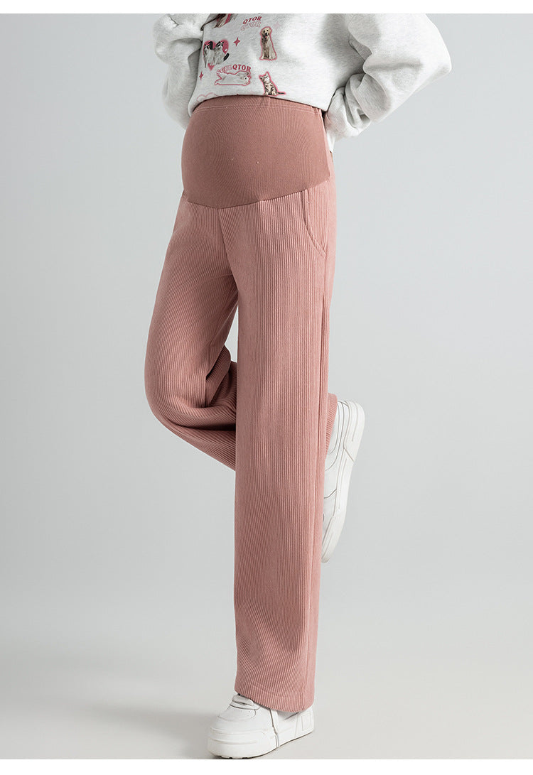 Pregnant Women Pants Autumn Winter Wear Corduroy Wide-leg Pants High-waisted Draped Casual Plus Size Lined Straight-leg Pants