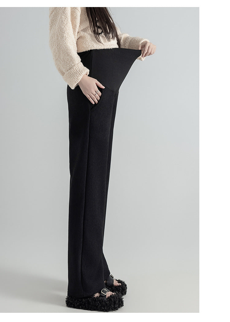 Pregnant Women Pants Autumn Winter Wear Corduroy Wide-leg Pants High-waisted Draped Casual Plus Size Lined Straight-leg Pants