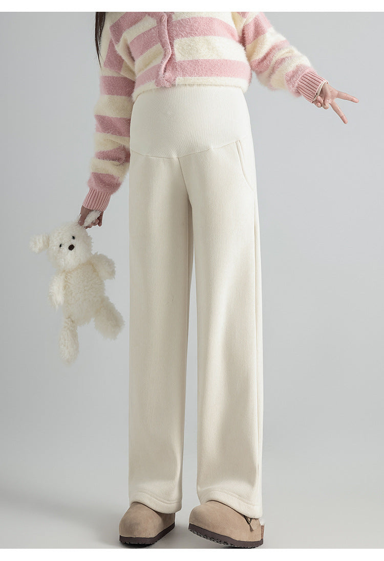 Pregnant Women Pants Autumn Winter Wear Corduroy Wide-leg Pants High-waisted Draped Casual Plus Size Lined Straight-leg Pants