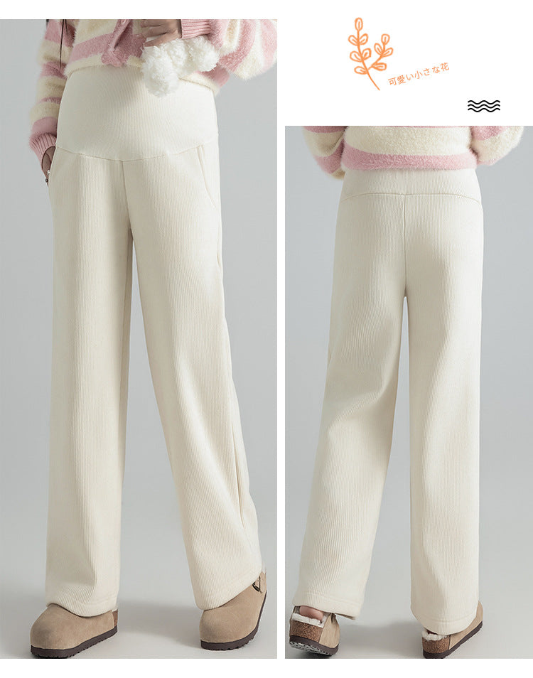 Pregnant Women Pants Autumn Winter Wear Corduroy Wide-leg Pants High-waisted Draped Casual Plus Size Lined Straight-leg Pants