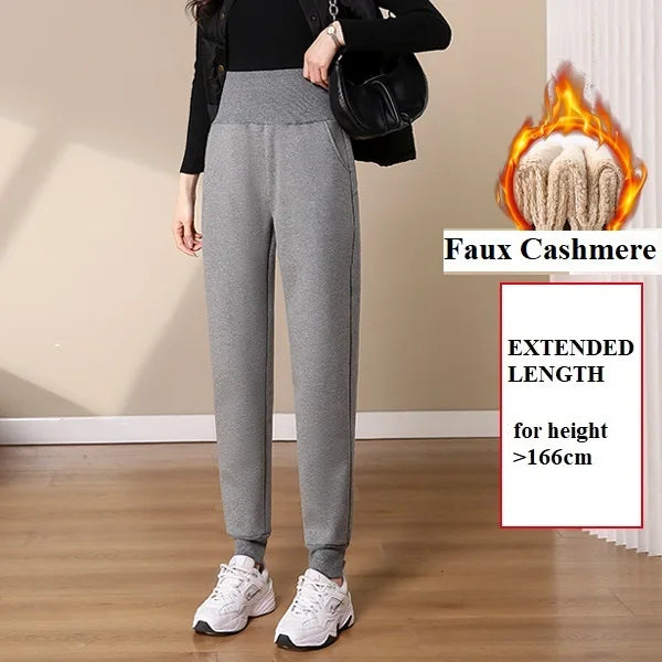 Women Pants Warm Winter Thick Lambskin Cashmere Pants High Waist Black Harem Long Trousers Wool Cold Resistant Pants PELEDRESSS