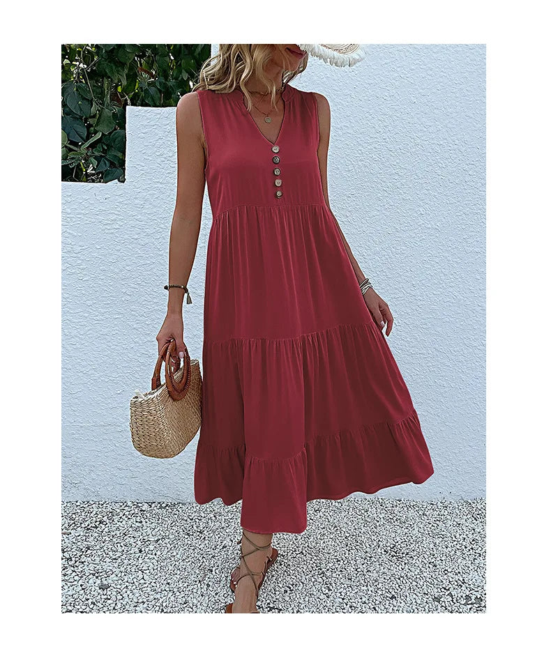 Dresses for Women 2025 Summer V-neck Single-breasted Vest Dress Sleeveless Loose Casual Solid Color Dress Vestidos De Mujer