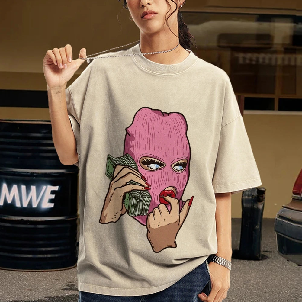 Cotton Women's T-Shirt Abstract Skull Call Women's Print Shoulder Round Neck Wash Summer Designer Trend New Short Sleeves