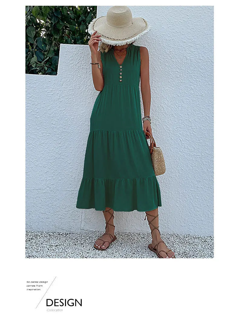 Dresses for Women 2025 Summer V-neck Single-breasted Vest Dress Sleeveless Loose Casual Solid Color Dress Vestidos De Mujer