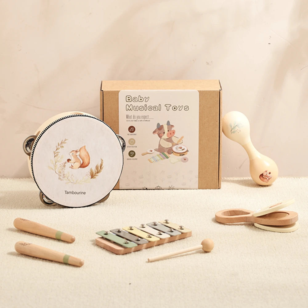 Kids Wooden Montessori Toys Musical Instruments Rattle Toys Wooden Squirrel Percussion Instruments Preschool Educational Toys