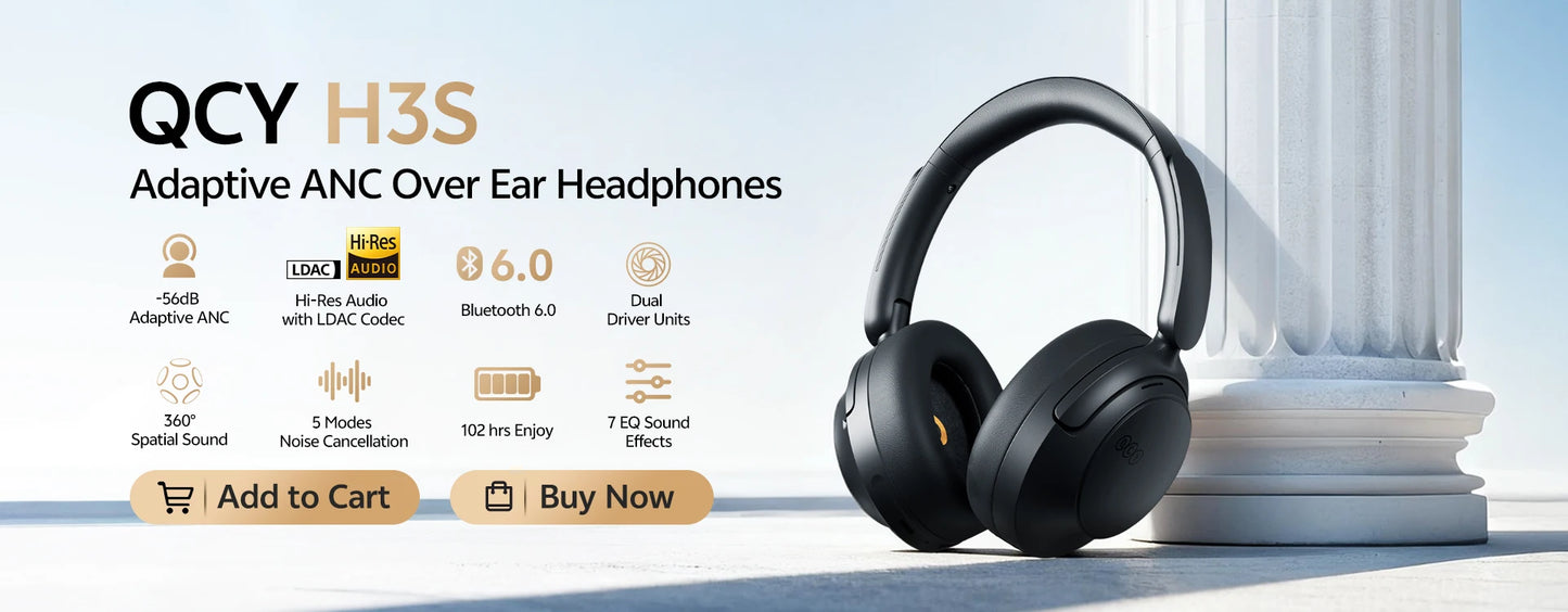 QCY H3S Wireless Headphones Bluetooth 6.0 Noise Canceling -56dB Over Ear Earphone Hi-Res Spatial Audio Dual Driver Headset 102H