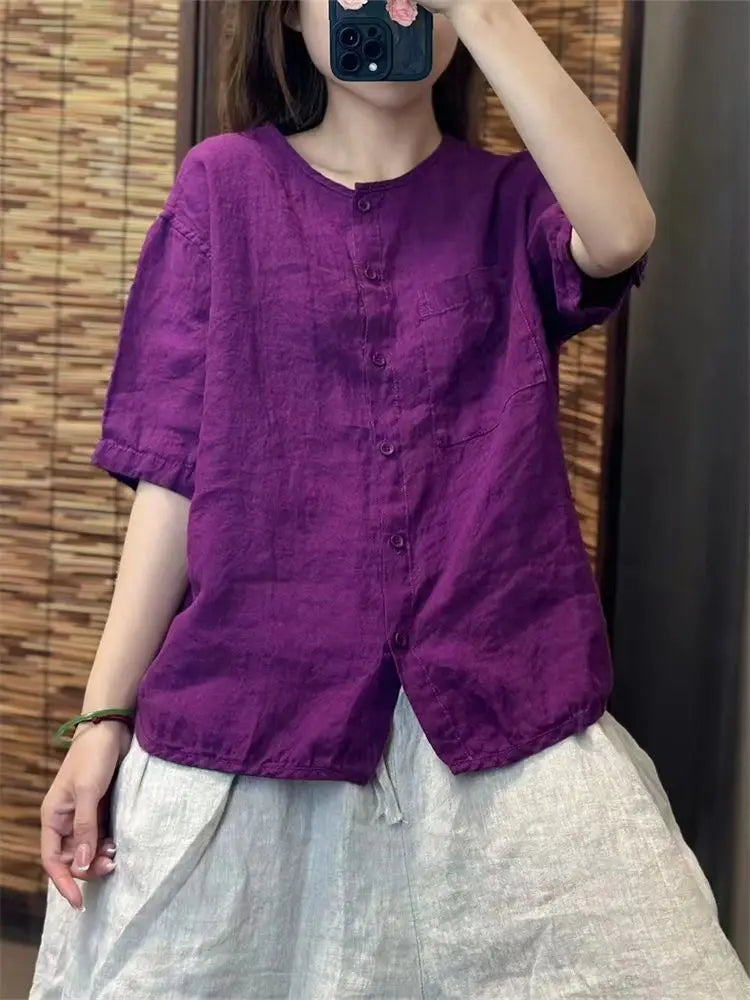 Chiffon Cotton Linen round Neck T-shirt Women Summer New Vintage Art Loose Shirt  Open Cardigan Top 2025 Short Shirt For Women