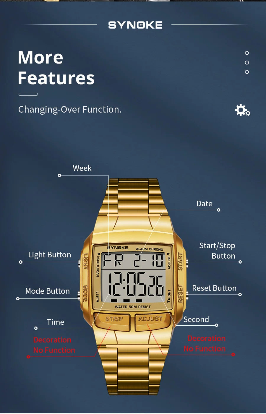 Mens Sports Digital Waterproof Watch, Multifunctional Wrist Watches For Men, Plastic Case Alloy Strap