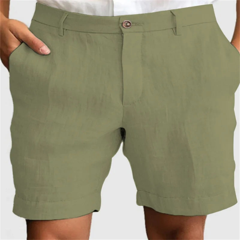 Summer Breathable Casual Linen Shorts Mens Fashionable Zip-up Button Shorts Daily Leisure Loose Straight Solid Color Men Shorts