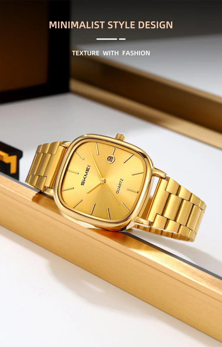 SKMEI Men's Quartz Watch Retro Square Zinc Alloy Case Gold Stainless Steel Band, 30M Water Resistance Time & Date Functions 2551