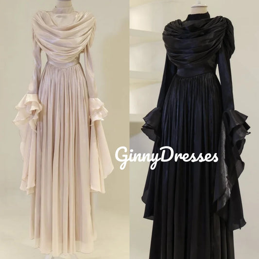 Women'S Evening Dresses Customize Scoop Neckline A-Line Formal Occasion Dresses Zipper Up Long Sleeves Ruffle Floor-Length Prom