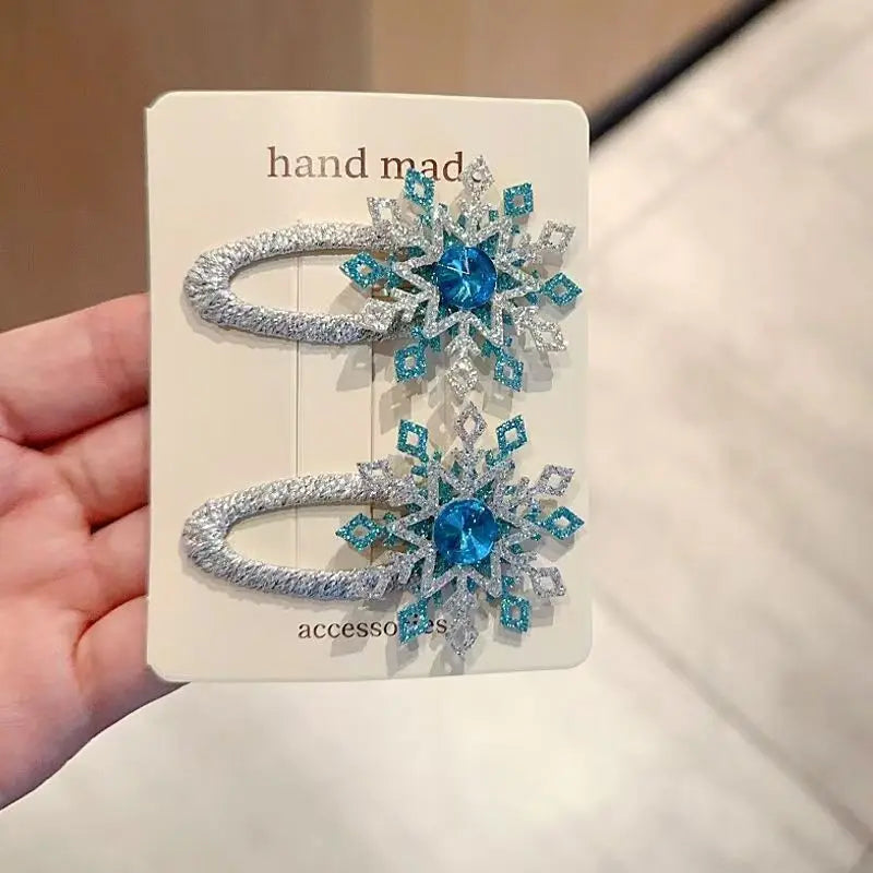 Kids Hair Accessories Set 2PCS Princess Snowflake Clips Hair Ties All Cover Fabric Blue Rhinestone Side Clips for Girls