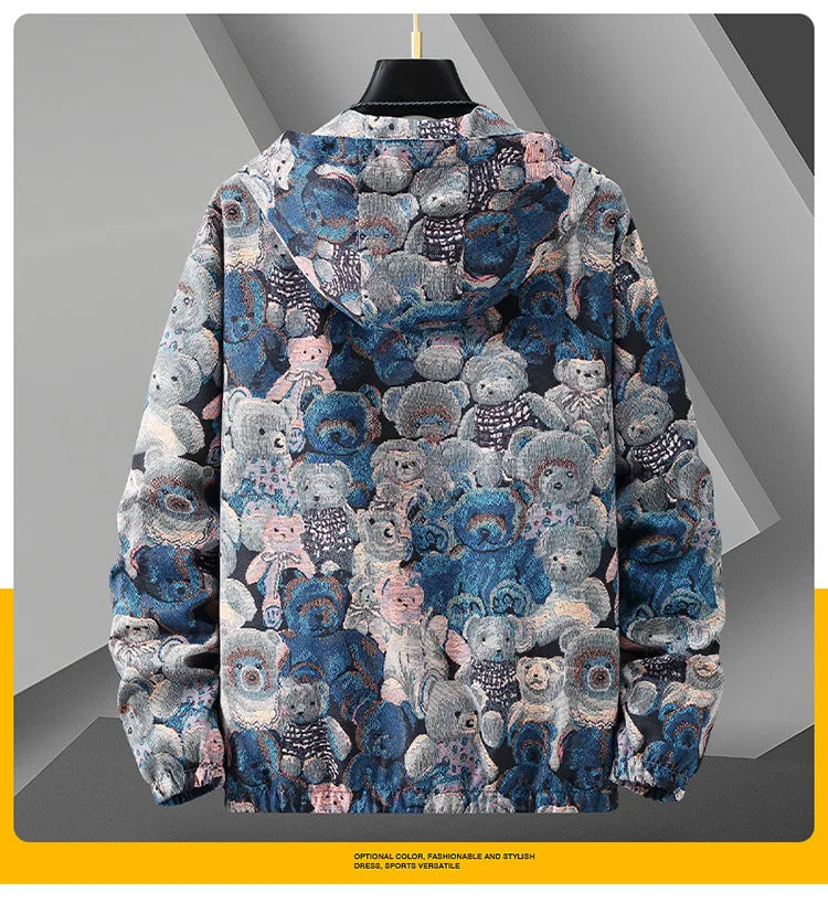Vintage flower bear pattern Patchwork Windbreaker Men Jackets Autumn Hip Hop Streetwear Zip Up Casual Outerwear Jackets Clothes