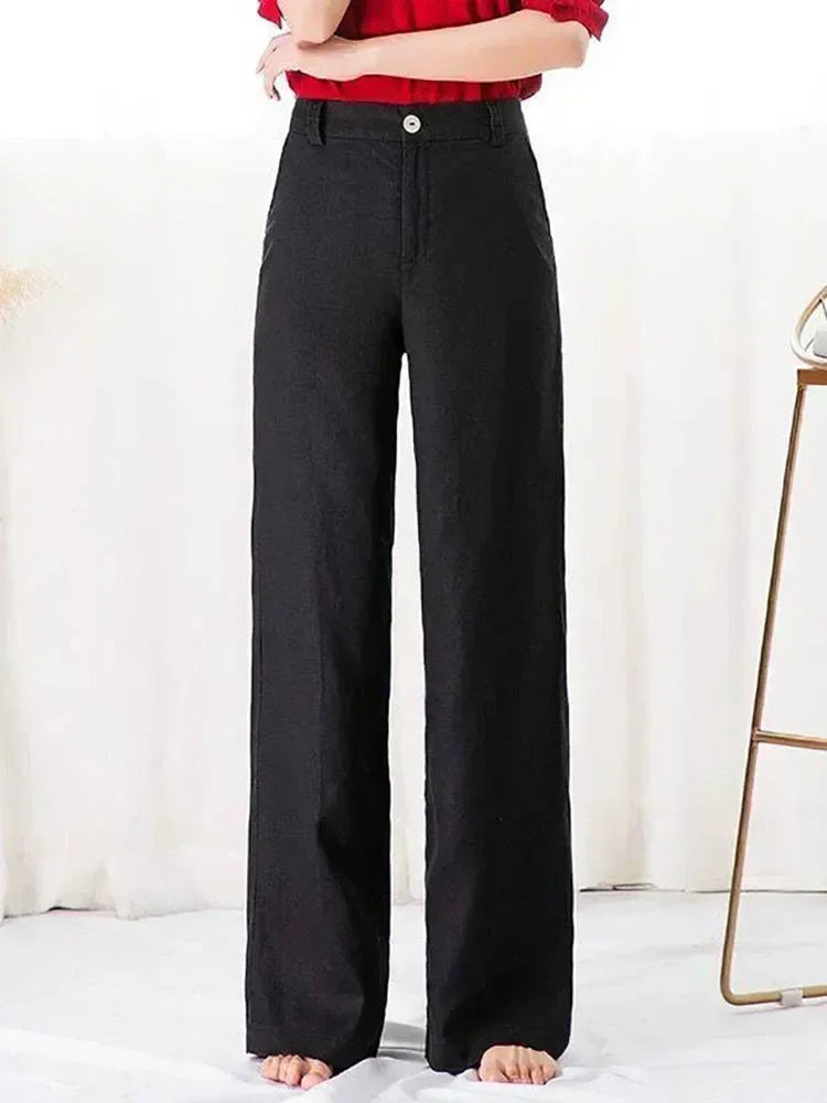 Women's Pants Summer Cotton Linen Wide Leg Pants Full Length Casual Solid White Loose High Waist Straight Trousers Women