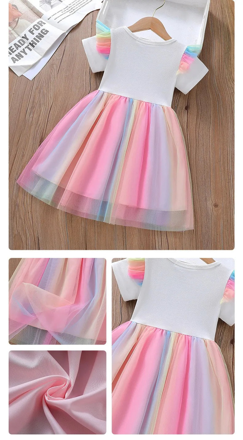Unicorn Girls Dress 2025 New Kids Clothes Summer Short sleeve Princess Dresses Party Baby Dresses for Children Rainbow 2-8Y