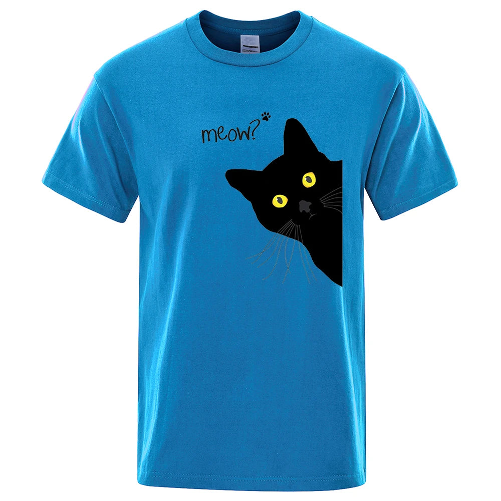 Meow Black Cat Funny Printing Men T-Shirts Breathable Tee Clothes Summer Streetwear Tops Unisex Loose Cotton Short Sleeve
