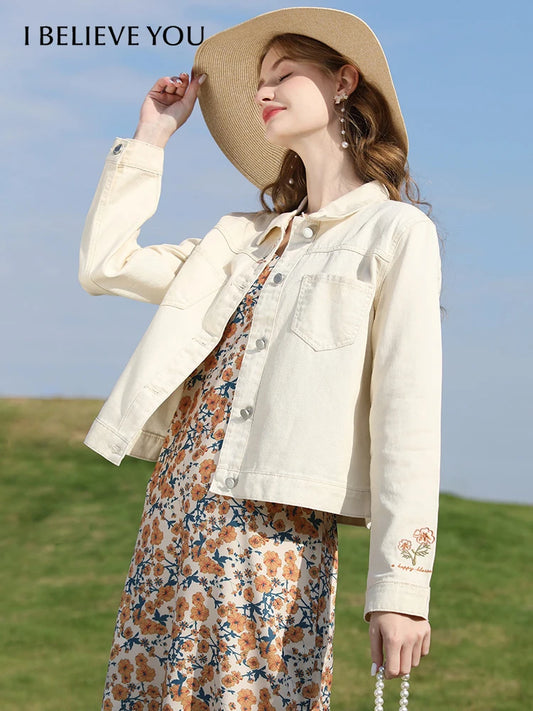 I BELIEVE YOU Denim Jackets for Woman French Embroidery Women's Coat 2023 Spring Casual 100% Cotton Female Clothes 2231184874