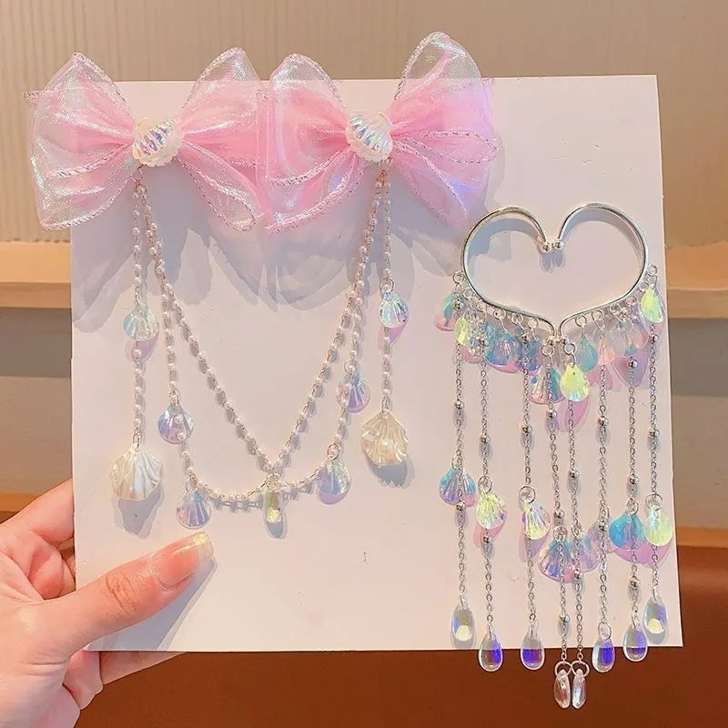 Baby Girls Cute Mermaid Princess Pearl Tassel Bow Forehead Chain Hair Clip Children Hair Accessories Girls Super Hair Clip TM04