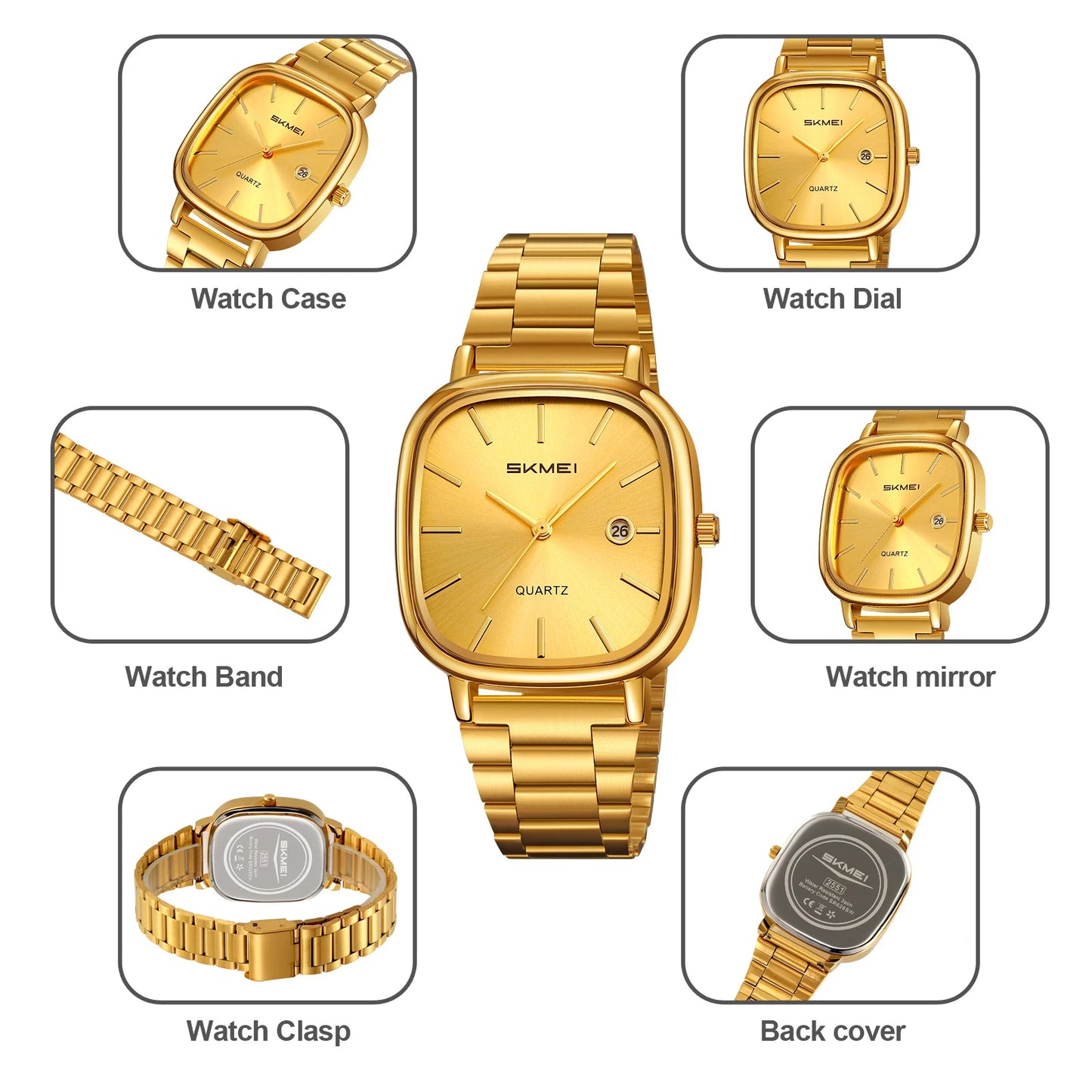 SKMEI Men's Quartz Watch Retro Square Zinc Alloy Case Gold Stainless Steel Band, 30M Water Resistance Time & Date Functions 2551