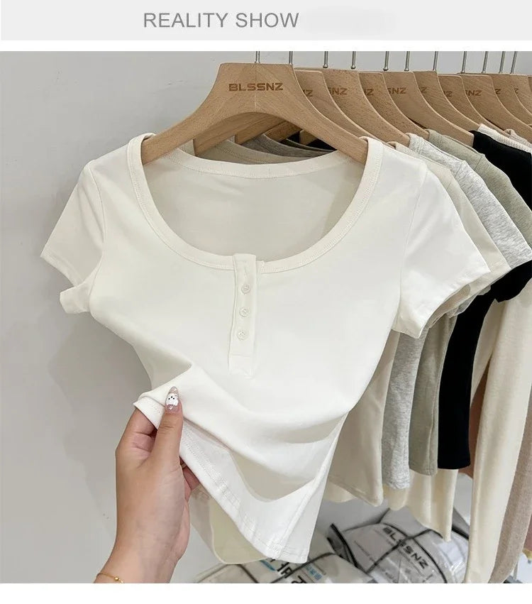 Women T Shirt Button T-Shirt Woman Clothes Tops Cotton Slim Tshirt Female Short Sleeve Top Summer Tee Sexy Canale Y2k
