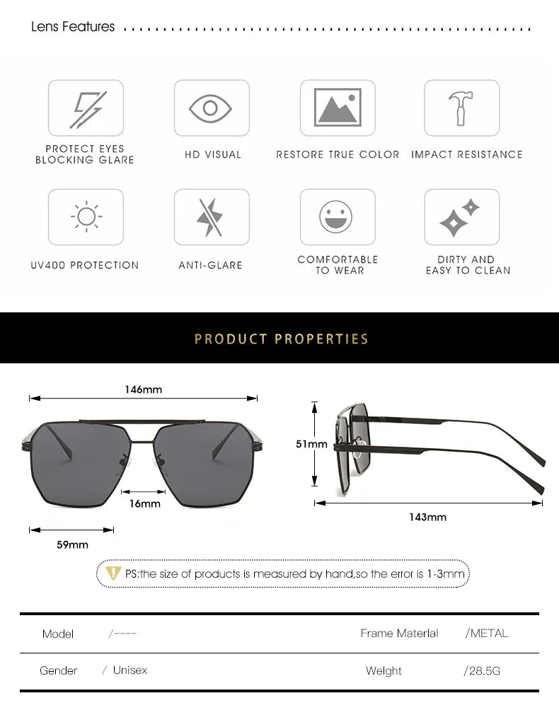 Polarized Sunglasses For Women Men Classic Brand Reflective Lens Square Trendy Sunglasses Woman High Quality Metal UV Protective