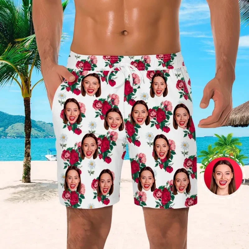 Custom Face Men Shorts Flowers Foliage Hawaii Beach Shorts 3D Printed Unisex Gym Sport Board Short Pants Ice Swim Trunks Ropa