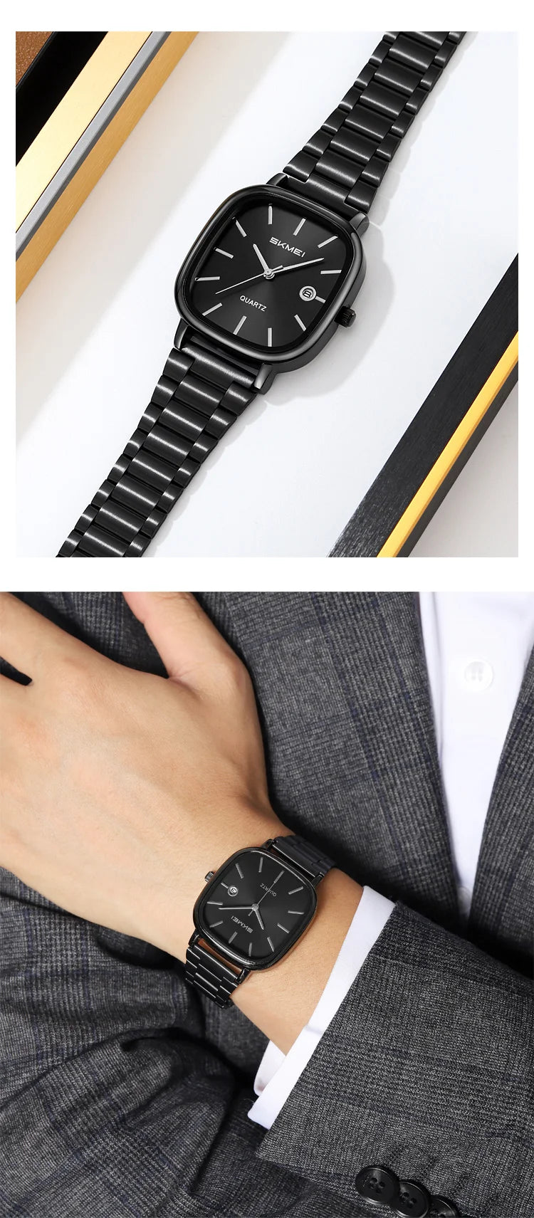 SKMEI Men's Quartz Watch Retro Square Zinc Alloy Case Gold Stainless Steel Band, 30M Water Resistance Time & Date Functions 2551