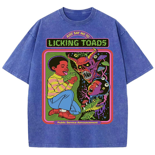 Licking Toads Printing Washed Men T Shirts Casual Stree Hip Hop Tees Breathable Soft Cotton Sport Loose Short Sleeve Unisex