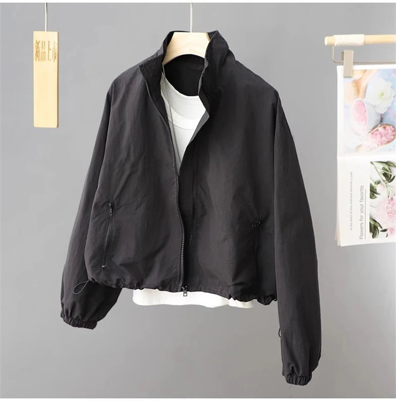 Women's Jackets New Spring Autumn Thin Cardigan Jacket Zipper Long Sleeve Simple Fashion Solid High-necked Casual Female Outwear