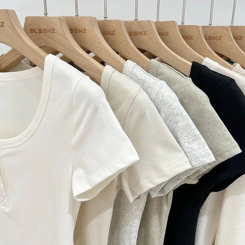 Women T Shirt Button T-Shirt Woman Clothes Tops Cotton Slim Tshirt Female Short Sleeve Top Summer Tee Sexy Canale Y2k